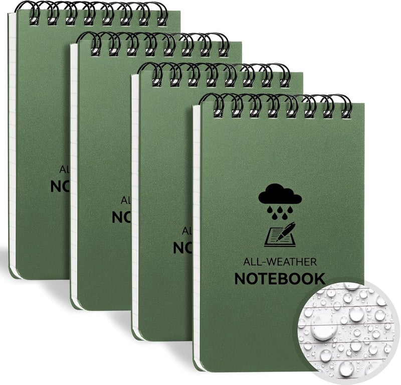 Coidea Waterproof Notebook, 4 Pack Top-Spiral Pocket Notepad, 3" x 5" Weatherproof NotePad, Police Pocket Notebook Memo Steno Note Pads for Outdoor Office School Recording, Army Green - Image 1